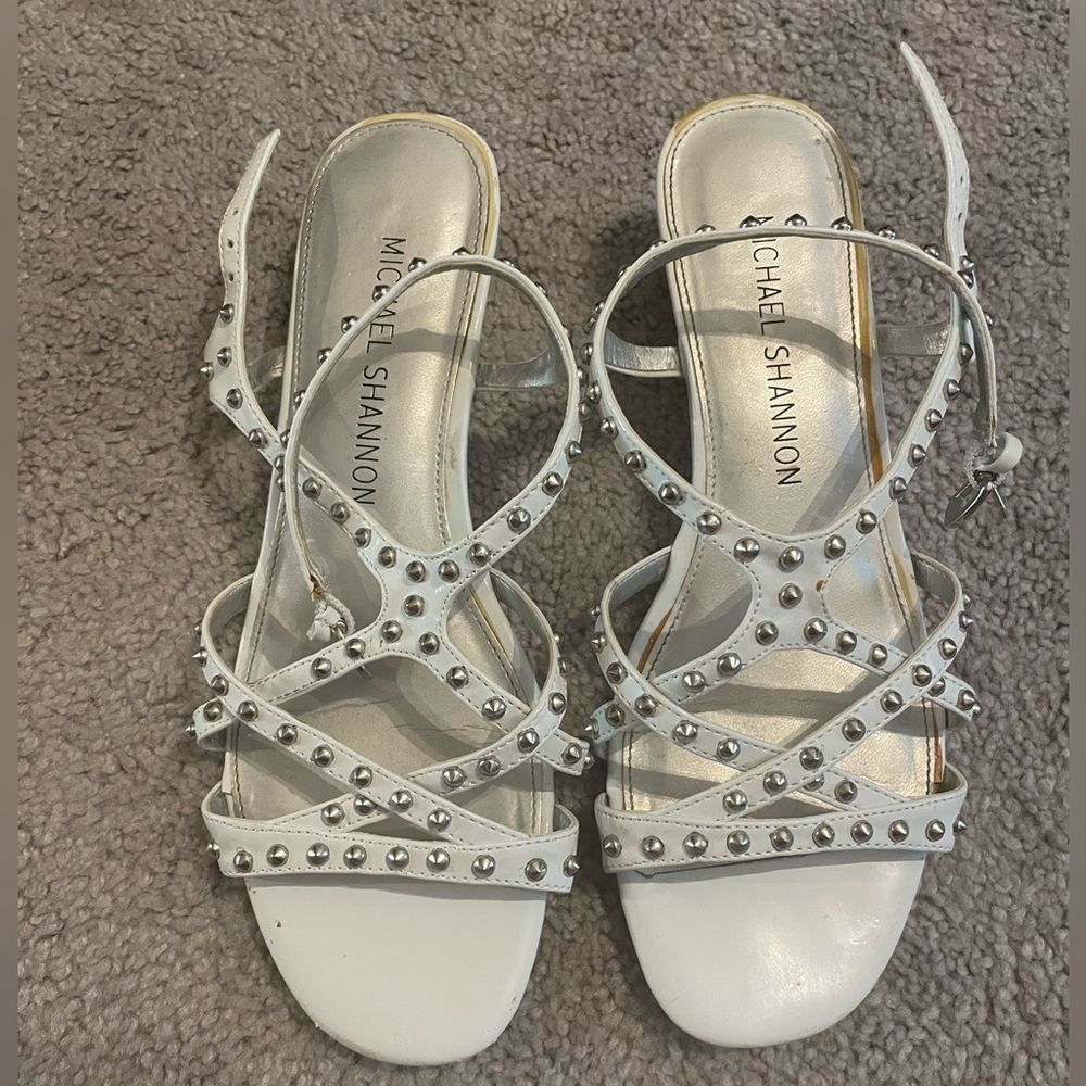 White Studded Strapped Wedged Heels from Michael Shannon Size 6.5